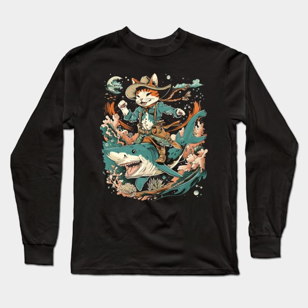 Cat Riding Shark Underwater Odyssey Long Sleeve T-Shirt by BilodeauBlue